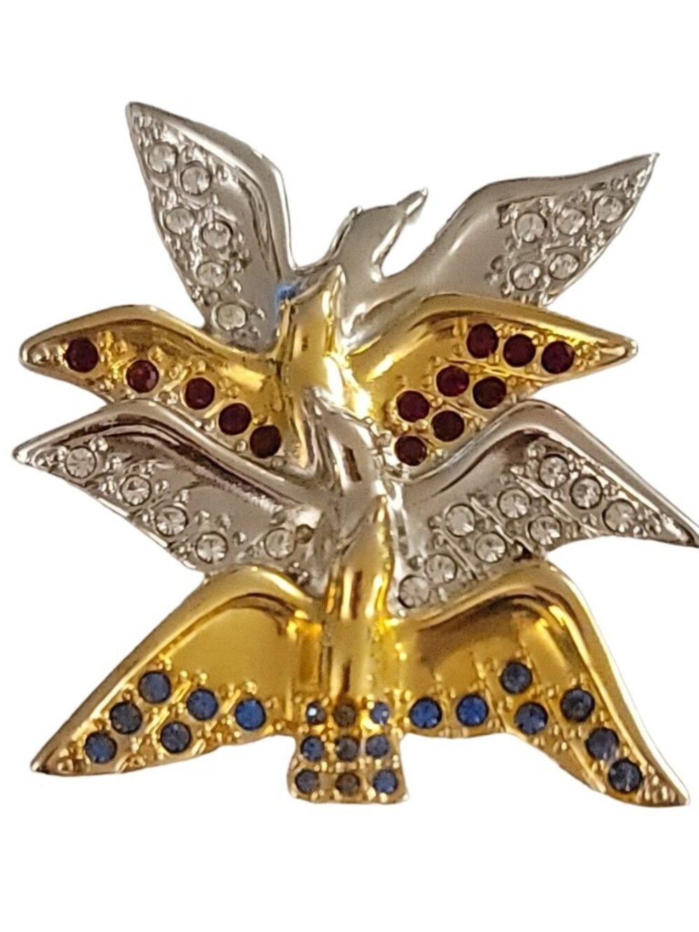 Swarovski Gold Silver Tone Red White Blue Patriotic Doves In Flight Brooch K921